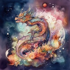 Fototapeta na wymiar Watercolor illustration of a dragon on a background of watercolor splashes Generative Ai