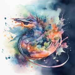 Obraz na płótnie Canvas Watercolor illustration of a dragon on a background of watercolor splashes Generative Ai