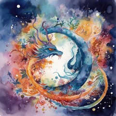 Watercolor illustration of a dragon on a background of watercolor splashes Generative Ai