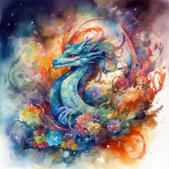 Obraz na płótnie Canvas Watercolor illustration of a dragon on a background of watercolor splashes Generative Ai