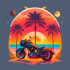 Harley on the beach with beautiful sunset t-shirt design vector