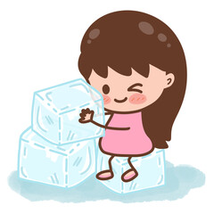 Cartoon girl sitting on ice cube