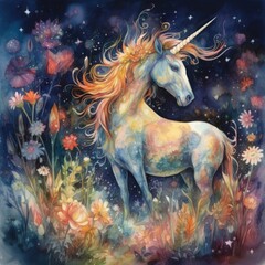 Fototapeta na wymiar Watercolor painting of a unicorn surrounded by flowers on a dark background Generative Ai 