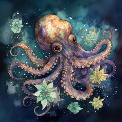 Watercolor illustration of octopus in space with stars and flowers Generative Ai