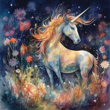 Watercolor painting of a unicorn surrounded by flowers on a dark background Generative Ai
