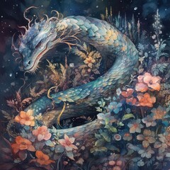 Watercolor illustration of a snake in the meadow with flowers Generative Ai