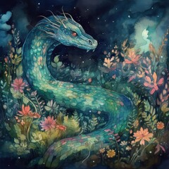 Watercolor illustration of a snake in the meadow with flowers Generative Ai