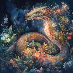 Watercolor illustration of a snake in the meadow with flowers Generative Ai
