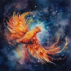Fototapeta premium Watercolor painting of a Phoenix with wings spread in the wind Generative Ai