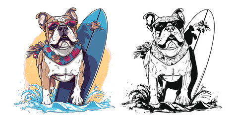 A beach loving bulldog catching some waves on a surfboard.Illustration of T-shirt design graphic.