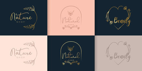 Feminine logos collection, hand drawn modern minimalistic and floral and watercolor badge templates for branding, identity, boutique, salon vector