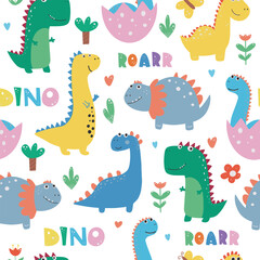Vector hand-drawn seamless childish pattern with cute dinosaurs. Kids texture for fabric, wrapping, textile, wallpaper, apparel. Dino. Scandinavian style