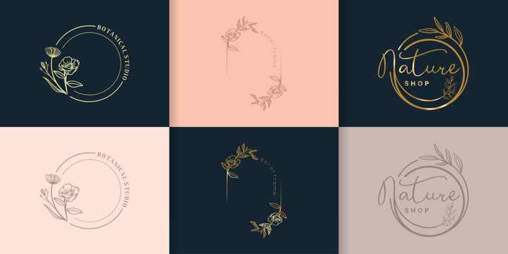 Collection of geometric vector floral frames. Round, oval, triangle, square Borders decorated with hand drawn delicate flowers, branches, leaves, blossom. illustration