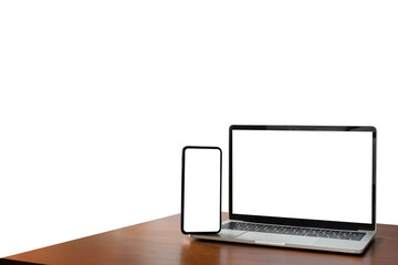 Fototapeta premium Smartphone, laptop, lying on the table isolated white background for use Business, education. A blank white screen