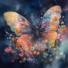 Obraz na płótnie Canvas Watercolor painting of butterfly on floral background Generative Ai