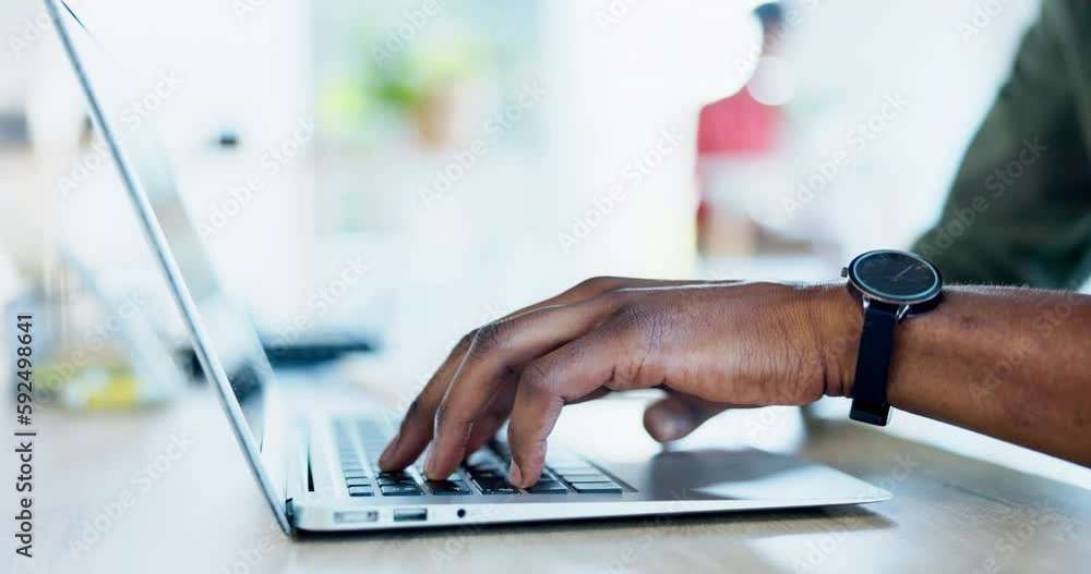 Poster black man is typing on laptop, hands and notes, writing content for blog at digital agency startup a