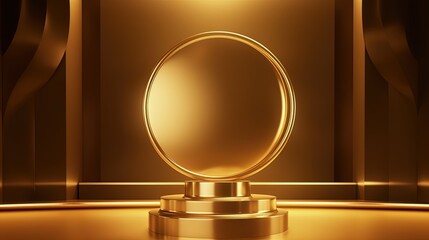 Golden podium with round frame on black background. Award ceremony concept. 3D rendering.Generative Ai