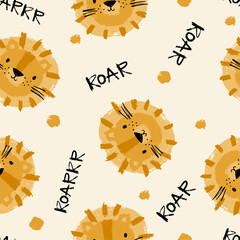 Cute cartoon hand drawn lion - vector illustration for kids. Seamless pattern © NadezdaBarkova