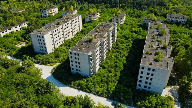 Aerial 4k drone footage of the village of Szentkir&aacute;lyszabadja in the Veszpr&eacute;m - Hungary. It is a former Soviet military base with barracks town sometimes referred to as the Hungarian Chernobyl.