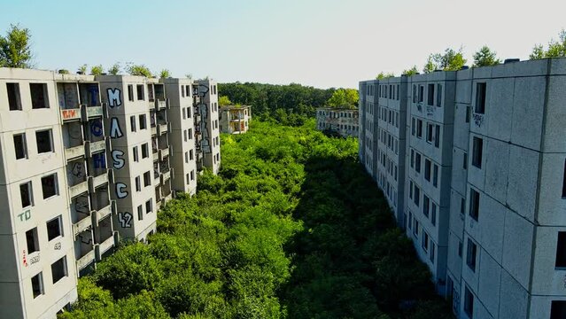 Aerial 4k drone footage of the village of Szentkir&aacute;lyszabadja in the Veszpr&eacute;m - Hungary. It is a former Soviet military base with barracks town sometimes referred to as the Hungarian Chernobyl.