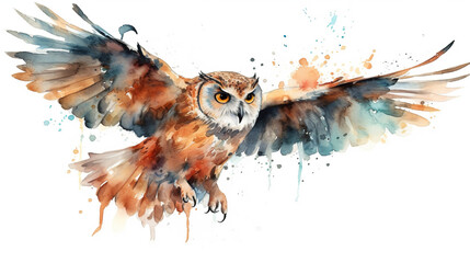 Isolated Colorful Flying Owl On White Background, Generative Ai