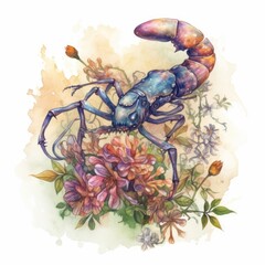 Watercolor illustration of a Scorpion on a background of flowers Generative Ai