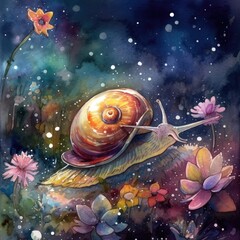 Fototapeta na wymiar Watercolor illustration of a snail on the background of the night sky Generative Ai