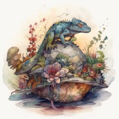 watercolor illustration of a chameleon sitting on a rock among the succulents Generative Ai