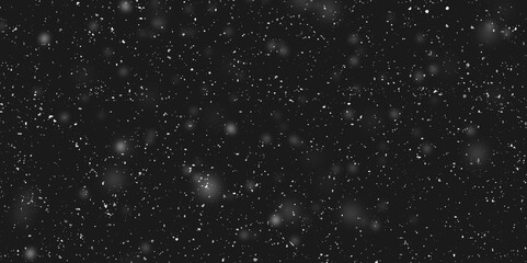 Snowfall on a black background. Falling snow flakes banner. Winter snowfall illustration
