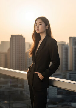 Asian businesswoman standing on top of building looking away camera