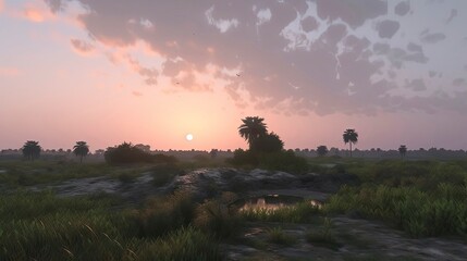 Obraz premium Sunset/Sunrise in Nature. miountain, Birds, Trees, bushs, river, open field, flowers in field. Generative AI