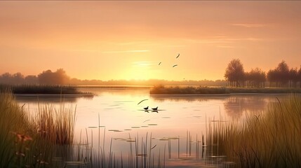 Obraz premium Sunset/Sunrise in Nature. miountain, Birds, Trees, bushs, river, open field, flowers in field. Generative AI