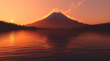 Sunset/Sunrise in Nature. miountain, Birds, Trees, bushs, river, open field, flowers in field. Generative AI