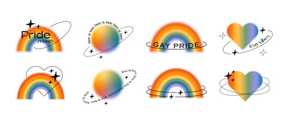 Retro vector set of blurry rainbows, heart aura, abstract shapes with linear elements and retro typography. Gay pride month. Queer love symbol logo in trendy y2k style. Minimalist gradient elements.