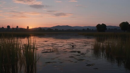 Obraz premium Sunset/Sunrise in Nature. miountain, Birds, Trees, bushs, river, open field, flowers in field. Generative AI