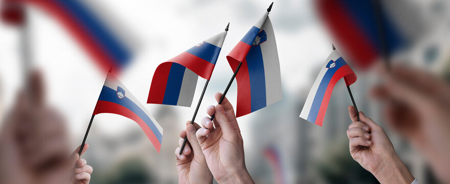 A group of people holding small flags of the Slovenia in their hands
