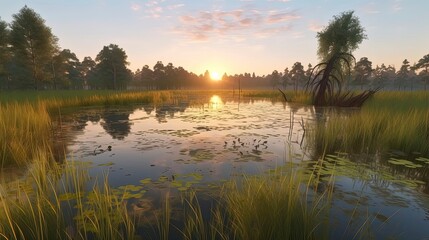Fototapeta na wymiar Sunset/Sunrise in Nature. miountain, Birds, Trees, bushs, river, open field, flowers in field. Generative AI