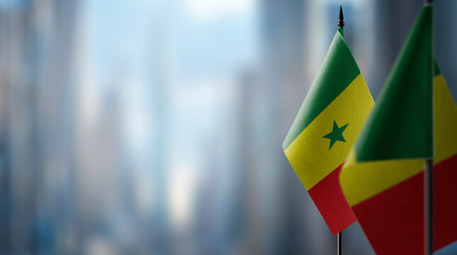 Small flags of the Senegal on an abstract blurry background