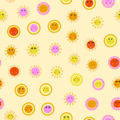 Smiling sun, abstract personage, mascot design, funny face, cute icon.