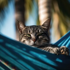 cute cat lying in hammock on beach with palm trees. Cute cat on vacation lying in hammock on beach with palm trees. Generative Ai.