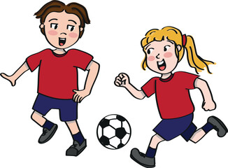 Boy and girl playing football