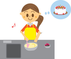 キッチンで誕生日のバースデーケーキを作っている女性・母親のイラスト・スポンジケーキ