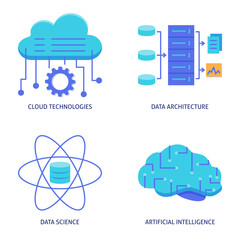 Data science and artificial intelligence flat icon set