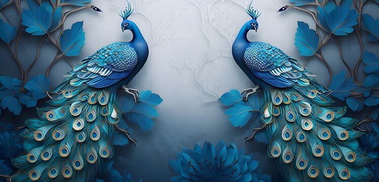 3d mural background blue peacock wallpaper with butterfly, Generative AI