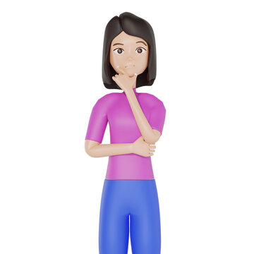 3d render. Cartoon character young caucasian woman isolated on white background. A girl wears pink shirt, blue pants, looks at camera and thinks, doubt, not sure, problem, issue, overthink, confused