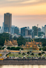 Sunset over Phnom Penh and the Royal Palace,viewed from eastern side of Tonle Sap river,Cambodia.