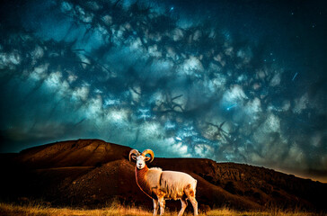 Ram on background of starry sky. Horned animal grazing at night with stars in sky. Generative AI.