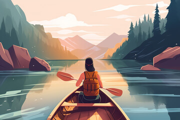 Rafting, active leisure, water sport. Rear view of woman with backpack in canoe on river. Flat illustration, Generative AI - obrazy, fototapety, plakaty