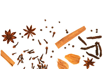 Herbs such as cinnamon, cloves were placed on transparent background.