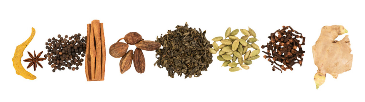 Masala Chai Tea or indian tea and herbs on transparent.